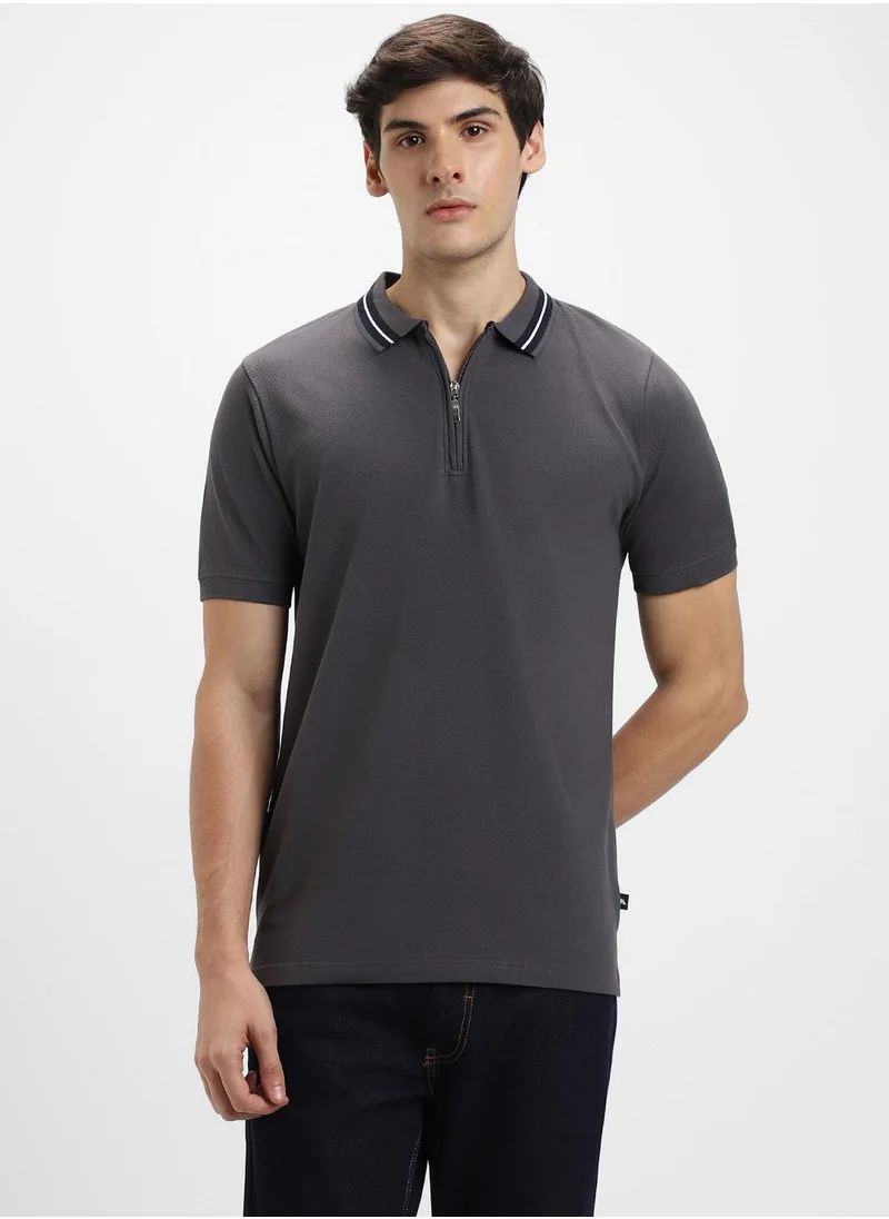 دينيس لينغو Charcoal Regular Fit T-shirt for Men - 100% Cotton, Solid, Polo Collar, Polo Neck, Half Sleeves, Casual