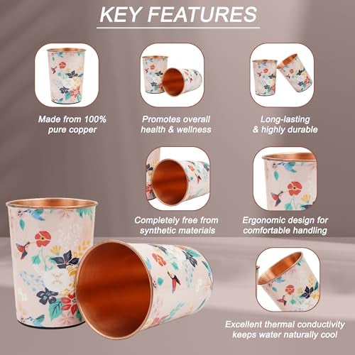 MERCAPE® 100% Pure Copper Glasses Set of 2 | Designer Meena Print | 300ml Each | Ayurvedic Benefits | Handmade Copper Tumblers for Daily Use & Gifting (Multiple Designs) (Midnight Bloom Design) - Image 5
