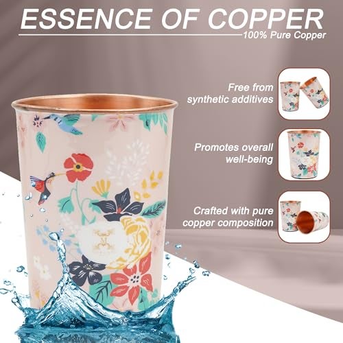 MERCAPE® 100% Pure Copper Glasses Set of 2 | Designer Meena Print | 300ml Each | Ayurvedic Benefits | Handmade Copper Tumblers for Daily Use & Gifting (Multiple Designs) (Midnight Bloom Design) - Image 3