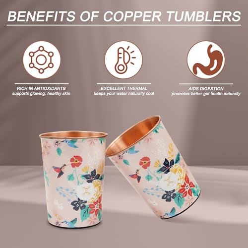 MERCAPE® 100% Pure Copper Glasses Set of 2 | Designer Meena Print | 300ml Each | Ayurvedic Benefits | Handmade Copper Tumblers for Daily Use & Gifting (Multiple Designs) (Midnight Bloom Design) - Image 2