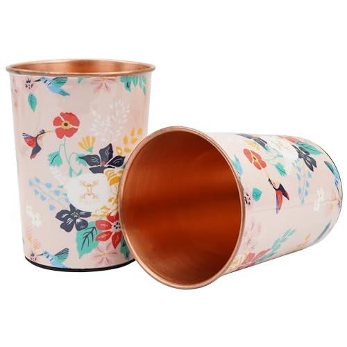 MERCAPE® 100% Pure Copper Glasses Set of 2 | Designer Meena Print | 300ml Each | Ayurvedic Benefits | Handmade Copper Tumblers for Daily Use & Gifting (Multiple Designs) (Midnight Bloom Design) - Image 1