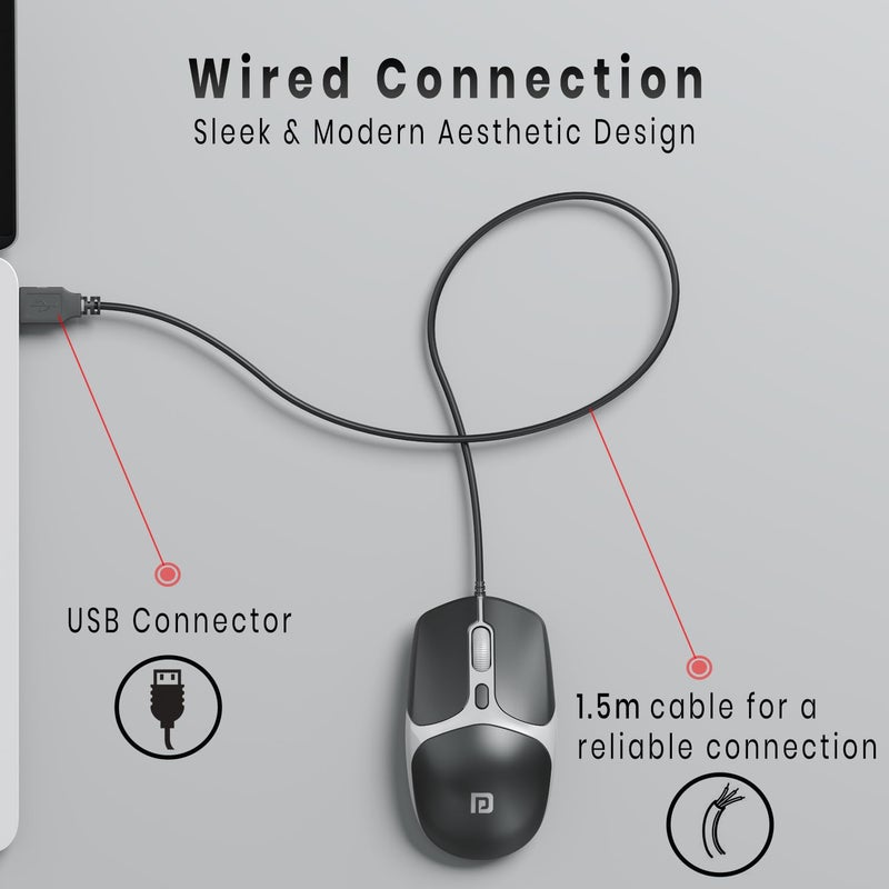 Portronics Toad 103 Wired Optical Mouse with 2400 DPI, Plug & Play, Ambidextrous, Hi-Optical Tracking, 1.5M Cable Length, 30 Lakhs Click Life, Ergonomic Mouse for Comfortable All-Day Grip (Black) - Image 2