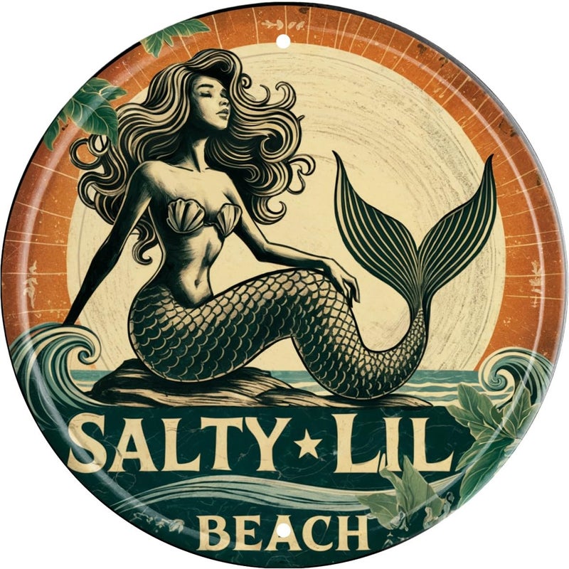 CSWLJS Mermaid Wall Art Decor Metal Sign Beach Vintage Round Plaque Nautical Themed Bar Cafe Home Decor Enthusiasts Gift for Friends and Family 8x8 In - Image 1