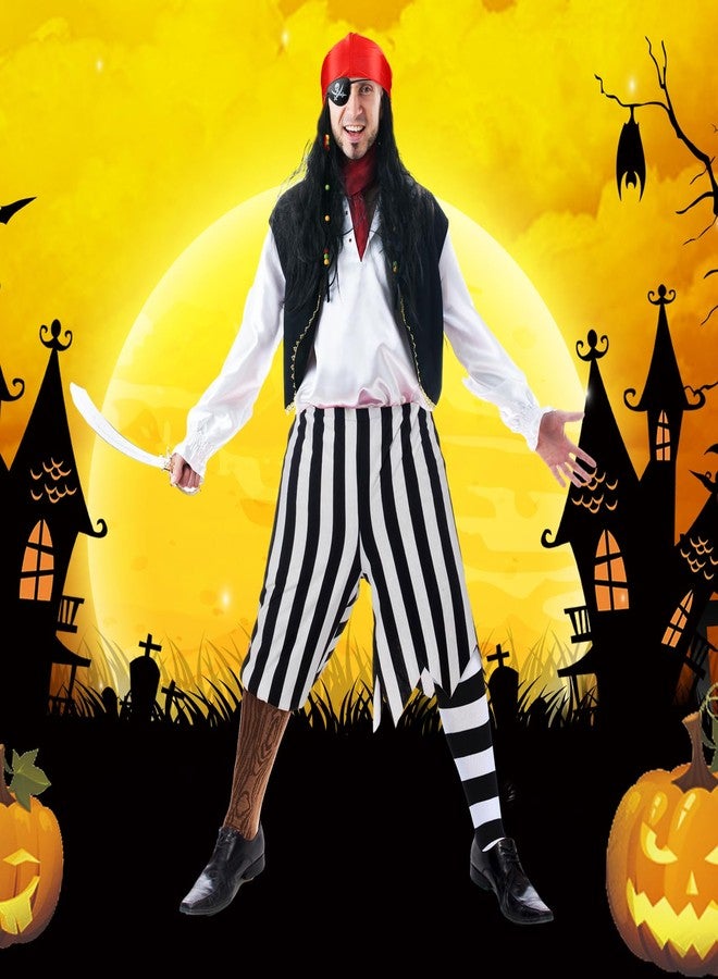 Skicuff جوارب Skicuff، زوجان من إكسسوارات زي القراصنة، بنقشة حبيبات الخشب وخطوط سوداء وبيضاء، جوارب طويلة الساق للبالغين من النساء والرجال، مناسبة لحفلات الهالوين التنكرية. - Image 3