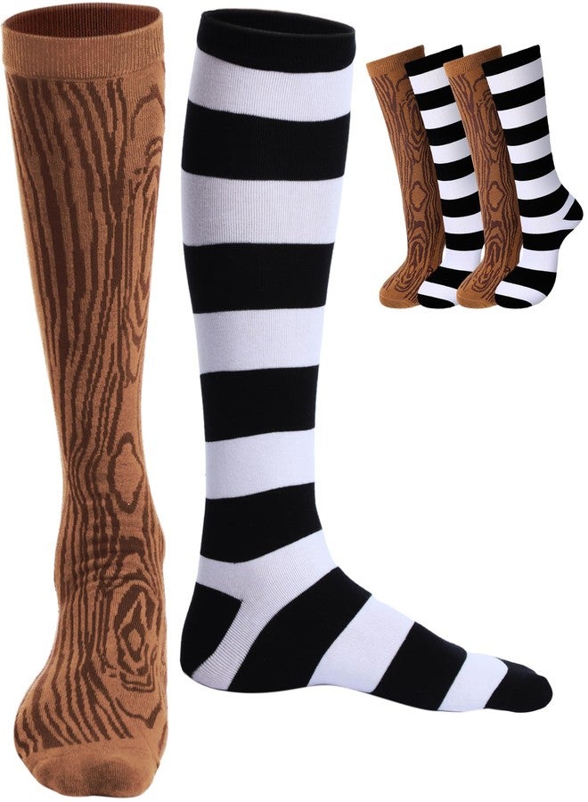 Skicuff جوارب Skicuff، زوجان من إكسسوارات زي القراصنة، بنقشة حبيبات الخشب وخطوط سوداء وبيضاء، جوارب طويلة الساق للبالغين من النساء والرجال، مناسبة لحفلات الهالوين التنكرية. - Image 1