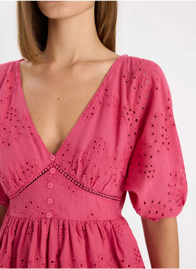 DeFacto Babydoll Short Sleeve Embroidered Mini Dress