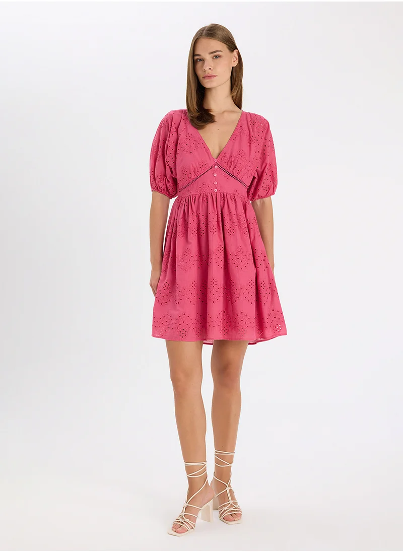 DeFacto Babydoll Short Sleeve Embroidered Mini Dress