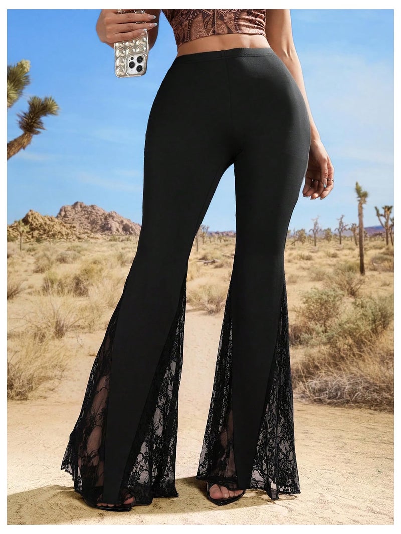 Floerns Women's Floral Lace Pants Going Out Flare Elegant Dress Casual Trousers M Black - Image 3