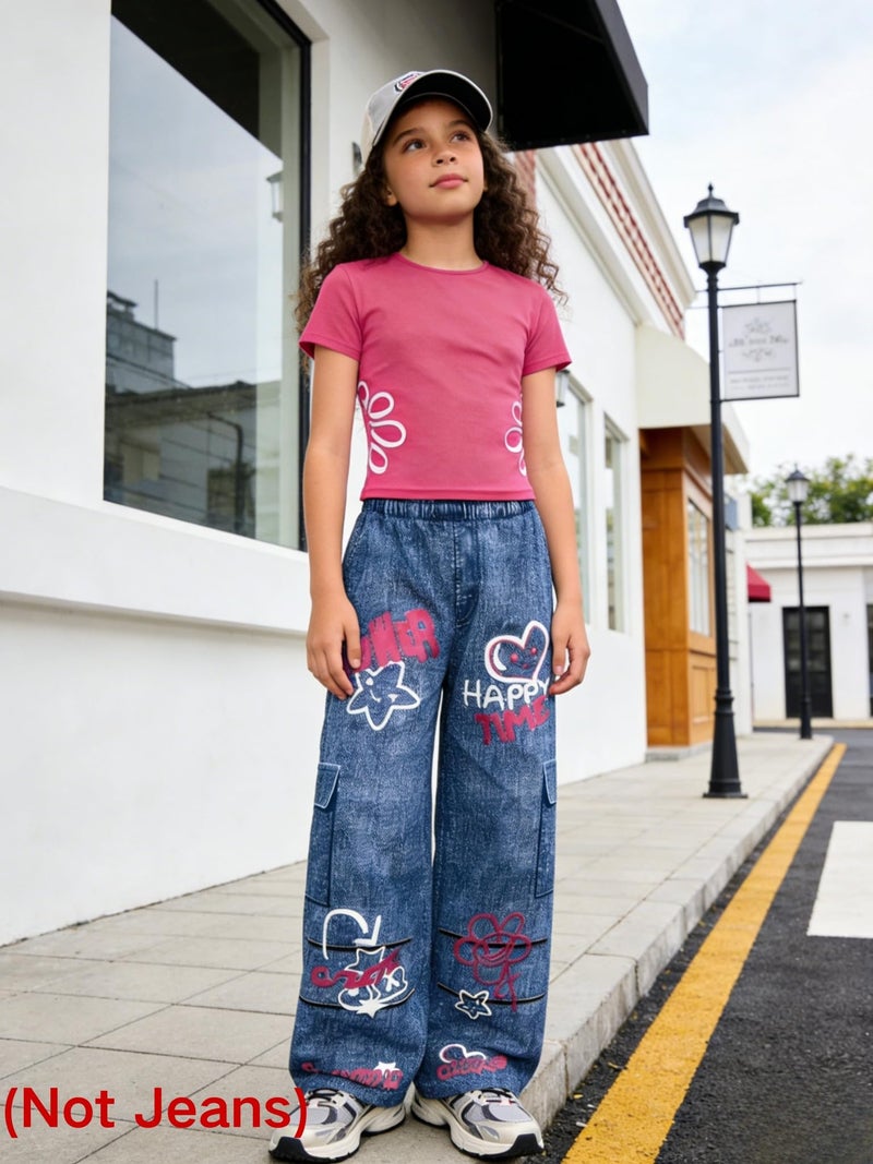 HSOXLQF Tween Girl Summer Clothes Floral Print Short Sleeve T-Shirt + Wide Leg Pants 2 Piece Outfits(Not Jeans) Size 7 8 - Image 2