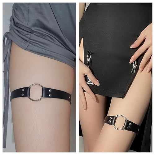 Outman Adjustable Elastic 2 Rows Leather Leg Harness Garter Belt Punk Gothic Thigh Ring Garter (Black) - Image 5