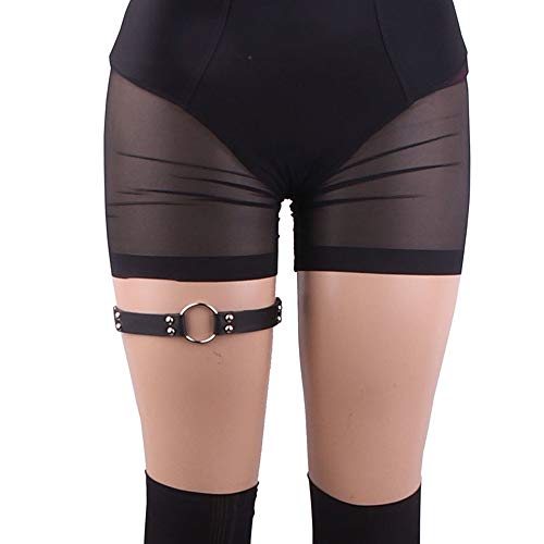 Outman Adjustable Elastic 2 Rows Leather Leg Harness Garter Belt Punk Gothic Thigh Ring Garter (Black) - Image 2