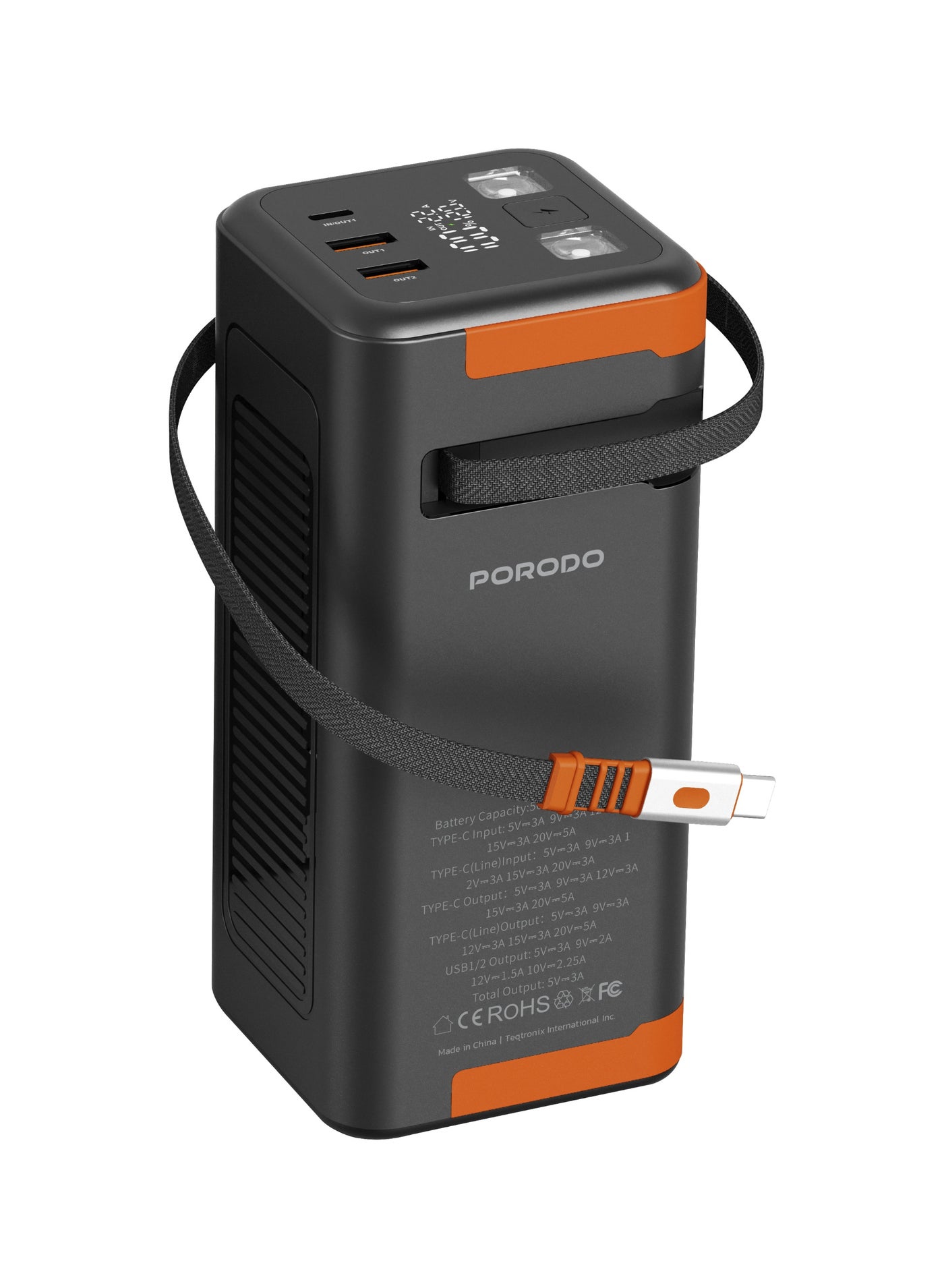 porodo Power Boost 50000 mAh Power Bank with 70cm Retractable Type-C Cable & Flashlight / PD 20W & QC 22.5W Fast Charging / Simultaneous Charging / Info Display - Black