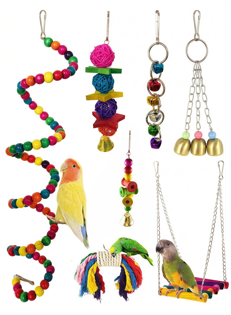 ILovhaprty 7 Pcs Colorful Parrot Toy Set, Bird Cage Hanging Chew Swing Toys with Wooden Beads, Rattan Balls & Bells, Interactive Enrichment Accessories for Small‑Medium Parrots, Budgie, Cockatiel, Lovebird, Parakeet - Image 1