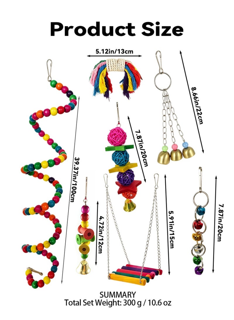 ILovhaprty 7 Pcs Colorful Parrot Toy Set, Bird Cage Hanging Chew Swing Toys with Wooden Beads, Rattan Balls & Bells, Interactive Enrichment Accessories for Small‑Medium Parrots, Budgie, Cockatiel, Lovebird, Parakeet - Image 3