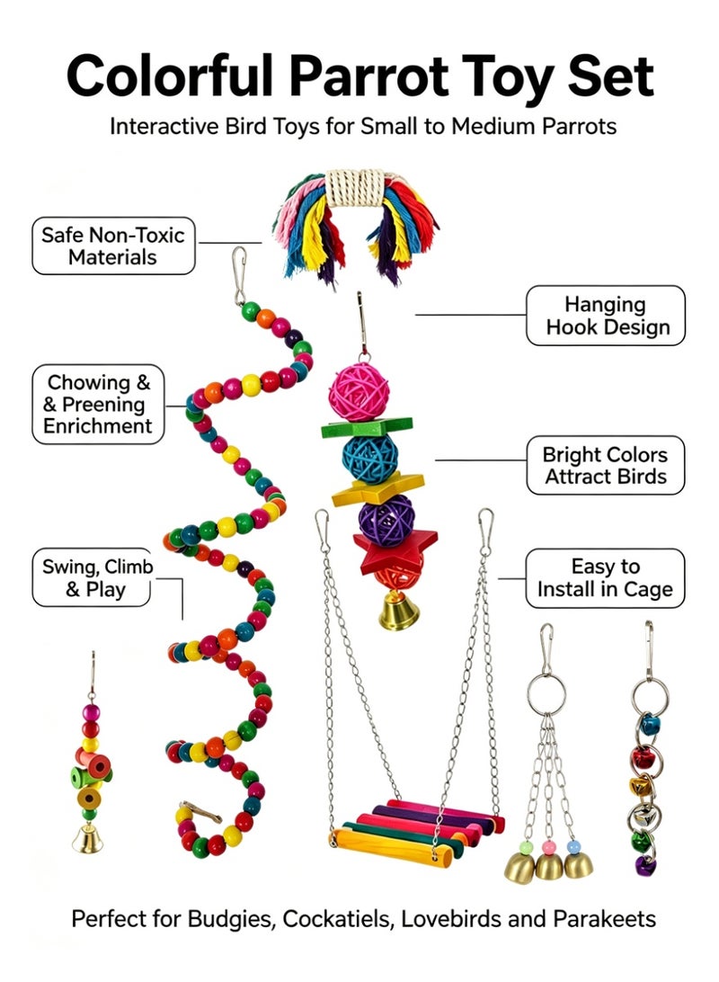 ILovhaprty 7 Pcs Colorful Parrot Toy Set, Bird Cage Hanging Chew Swing Toys with Wooden Beads, Rattan Balls & Bells, Interactive Enrichment Accessories for Small‑Medium Parrots, Budgie, Cockatiel, Lovebird, Parakeet - Image 2