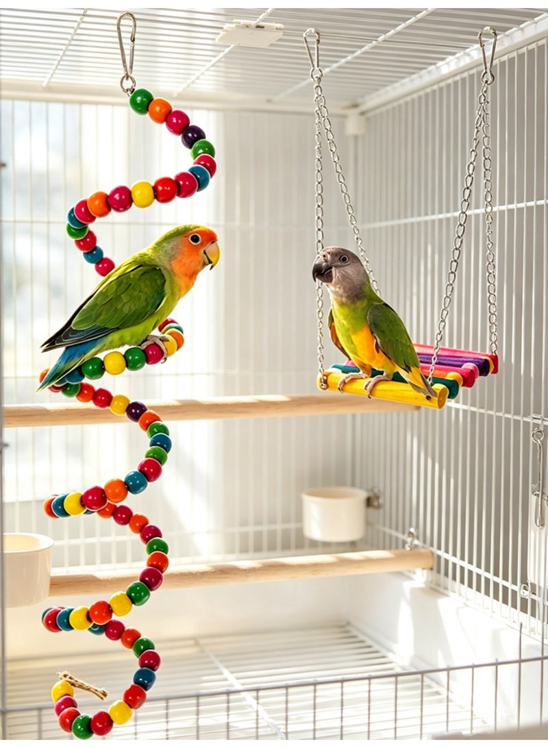 ILovhaprty 7 Pcs Colorful Parrot Toy Set, Bird Cage Hanging Chew Swing Toys with Wooden Beads, Rattan Balls & Bells, Interactive Enrichment Accessories for Small‑Medium Parrots, Budgie, Cockatiel, Lovebird, Parakeet - Image 5
