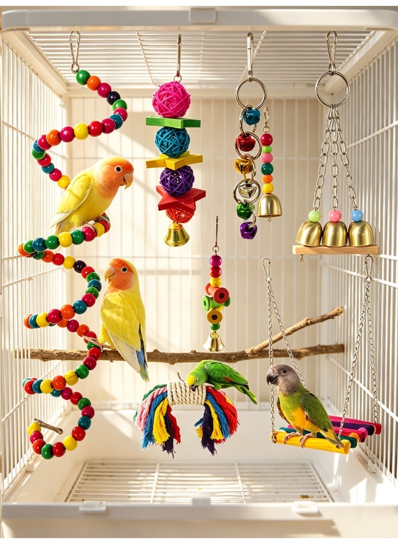 ILovhaprty 7 Pcs Colorful Parrot Toy Set, Bird Cage Hanging Chew Swing Toys with Wooden Beads, Rattan Balls & Bells, Interactive Enrichment Accessories for Small‑Medium Parrots, Budgie, Cockatiel, Lovebird, Parakeet - Image 4
