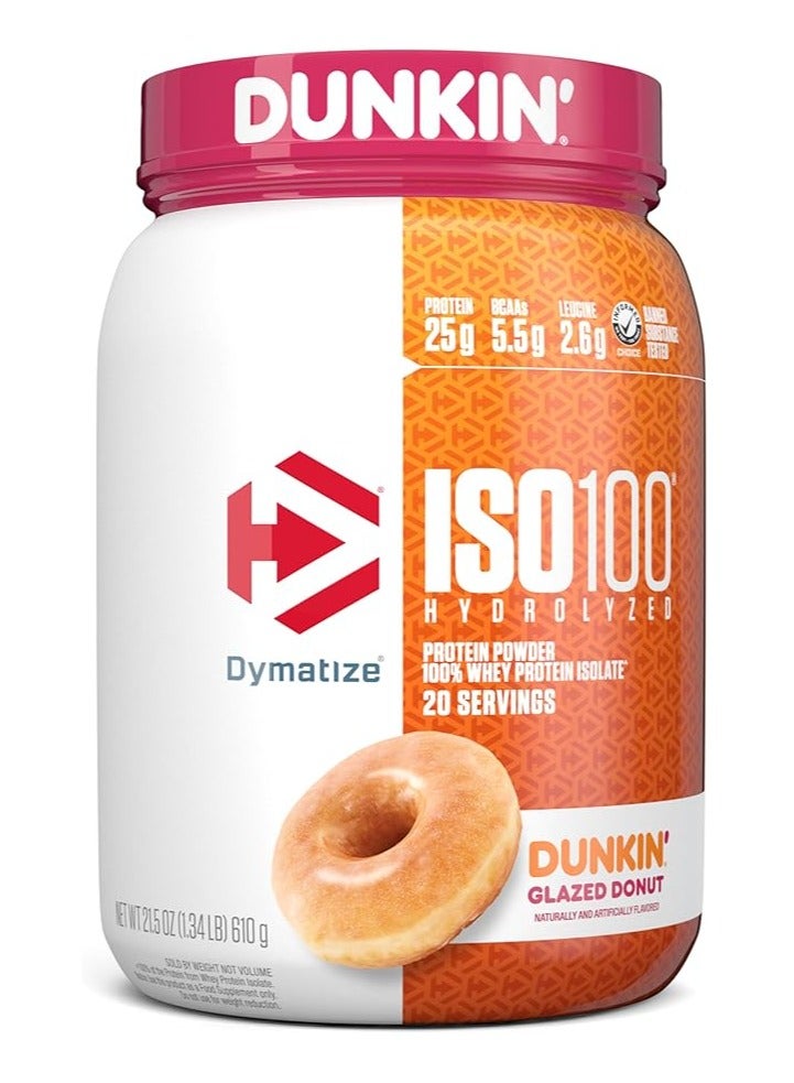 Dymatize ISO100 Hydrolyzed Protein Powder 100% Whey Isolate Dunkin Glazed Donut Flavor 20 Servings - Image 1