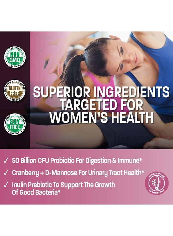 SOLARAY Women's Probiotic 50 Billion CFU + Prebiotic with Cranberry & D-Mannose – Vaginal Health, Healthy Digestion, Immune Function and Urinary Tract Support, Non-GMO, 60 Vegetarian Capsules  - Image 3