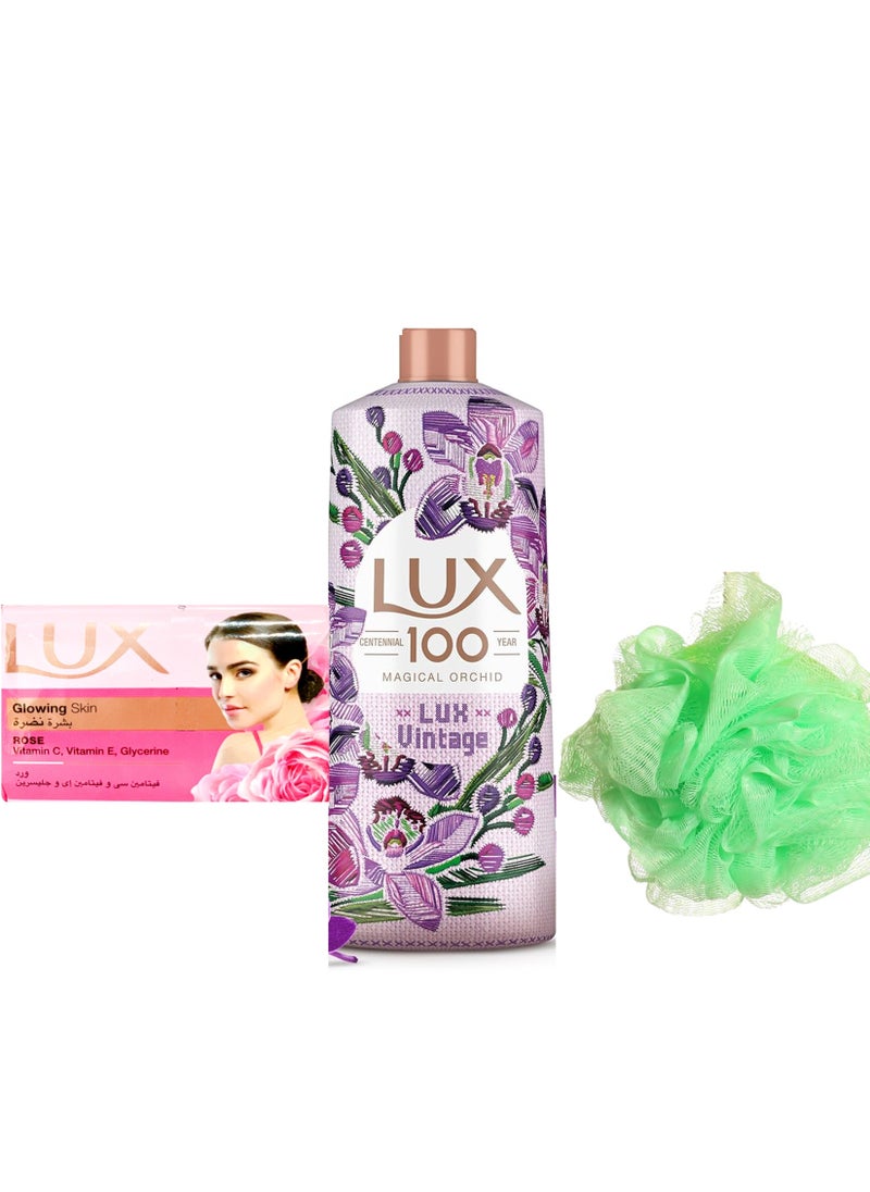 Lux Lux Magical Orchid Lux Vintage Body Wash 500 Ml + Lofa Multi Color +Lux Bar Soap Glowing Skin 