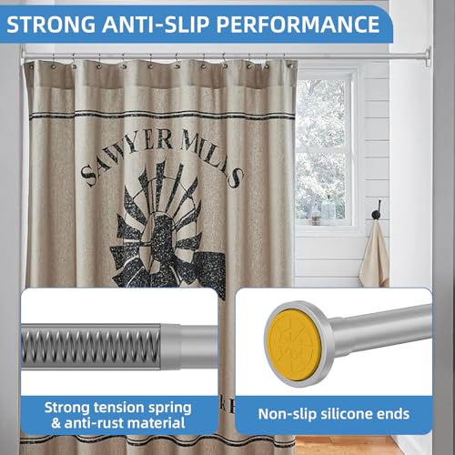CorkLatta Matte Silver Shower Curtain Rod,1 Inch Diameter Stainless Steel Adjustable Spring Tension Rods 32 to 80",with Holders,Anti-Slip,Curtain Rods No Drilling(1 Pack) - Image 2