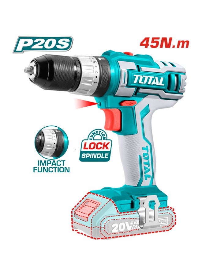 TOTAL 20V Lithium-Ion Cordless Impact Drill with Spindle Lock & 45NM Torque | 2 x 2.0Ah Batteries + Charger | 50 Accessories | LED Light | Canvas Bag - Image 1
