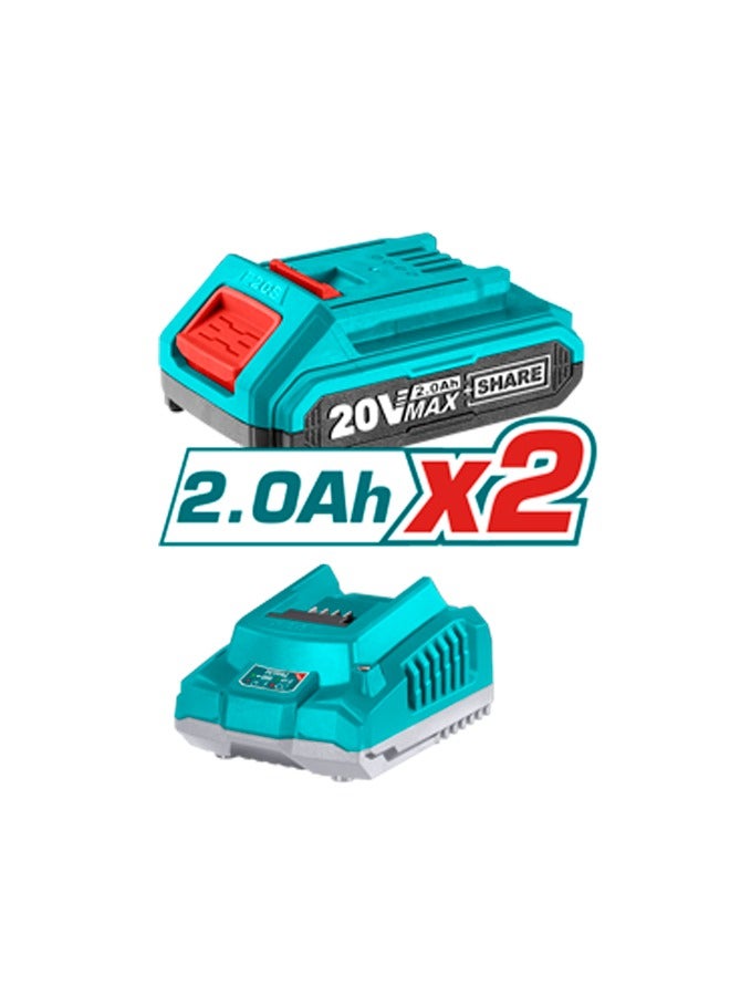 TOTAL 20V Lithium-Ion Cordless Impact Drill with Spindle Lock & 45NM Torque | 2 x 2.0Ah Batteries + Charger | 50 Accessories | LED Light | Canvas Bag - Image 2