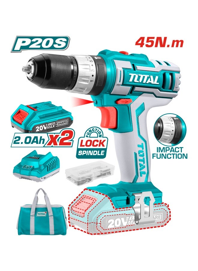 TOTAL 20V Lithium-Ion Cordless Impact Drill with Spindle Lock & 45NM Torque | 2 x 2.0Ah Batteries + Charger | 50 Accessories | LED Light | Canvas Bag - Image 4