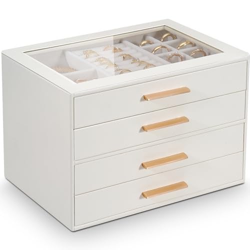 GUOER Jewelry Box for Women 4 Layers, Glass Lid Jewelry Organizer with 4 Drawers Cloud White PU Jewelry Storage Case for Necklaces Rings Earrings Bracelets Mother's Day - Image 1