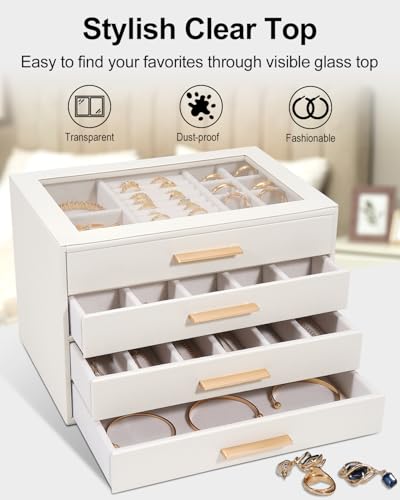 GUOER Jewelry Box for Women 4 Layers, Glass Lid Jewelry Organizer with 4 Drawers Cloud White PU Jewelry Storage Case for Necklaces Rings Earrings Bracelets Mother's Day - Image 5