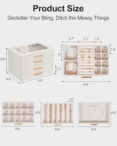 GUOER Jewelry Box for Women 4 Layers, Glass Lid Jewelry Organizer with 4 Drawers Cloud White PU Jewelry Storage Case for Necklaces Rings Earrings Bracelets Mother's Day - Image 3