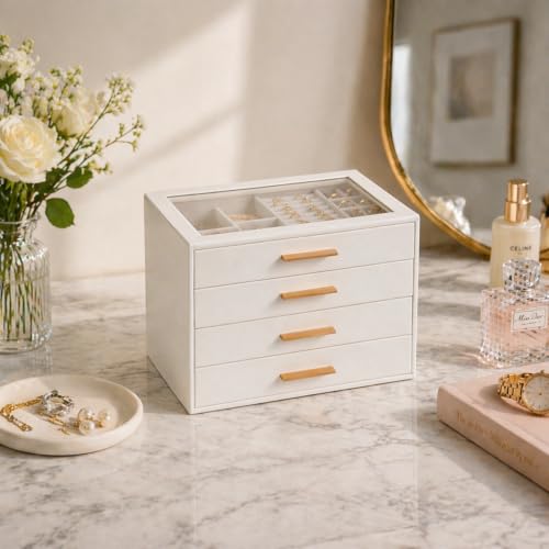 GUOER Jewelry Box for Women 4 Layers, Glass Lid Jewelry Organizer with 4 Drawers Cloud White PU Jewelry Storage Case for Necklaces Rings Earrings Bracelets Mother's Day - Image 2