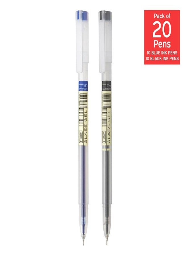 FLAIR Glass 0.6mm Gel Pen | Water Proof Ink For Smooth Flow System | Low-Viscosity Ink For Smudge Free Writing | Transparent Body With Fine Tip | 10 Black Ink Pens and 10 Blue Ink Pens, Pack of 20 - Image 2