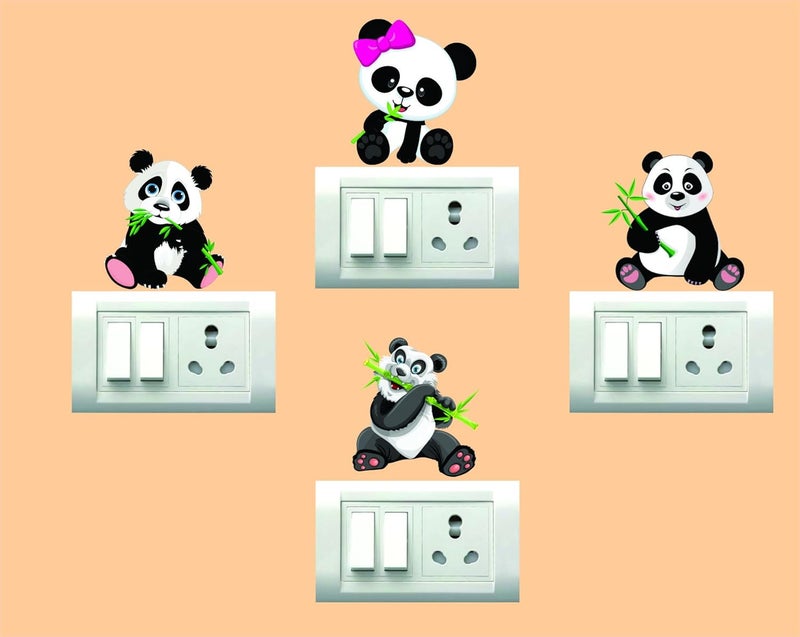 Decor Villa PVC Vinyl Cute Baby Panda 3D Switch Board Wall Stickers for Kids Room Living Room Size 25 CM X 25 CM Multicolour