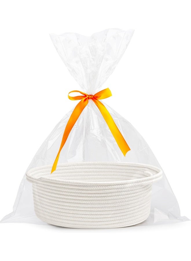 Pro Goleem Small Woven Basket with Gift Bags and Ribbons Durable Baskets for Gifts Empty Small Rope Basket for Storage 12"X 8" X 5" Baby Toy Baskets with Handles, White - Image 1