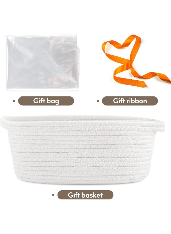 Pro Goleem Small Woven Basket with Gift Bags and Ribbons Durable Baskets for Gifts Empty Small Rope Basket for Storage 12"X 8" X 5" Baby Toy Baskets with Handles, White - Image 3
