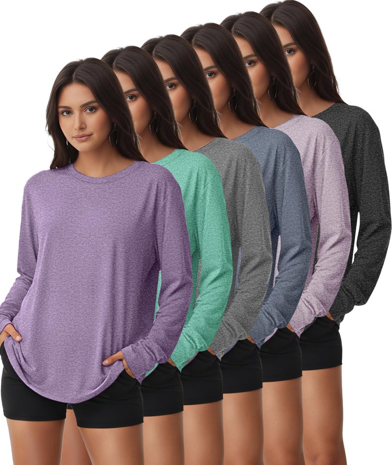 Kinglaman 6 Pack Women's Long Sleeve Workout Dry Fit Shirts, UPF 50+ Rash Guard SPF UV Sun Protection Shirts Crew Neck 1 Black 1 Gray 1 Blue 1 Purple 1 Dark Pink 1 Green X-Large - Image 1