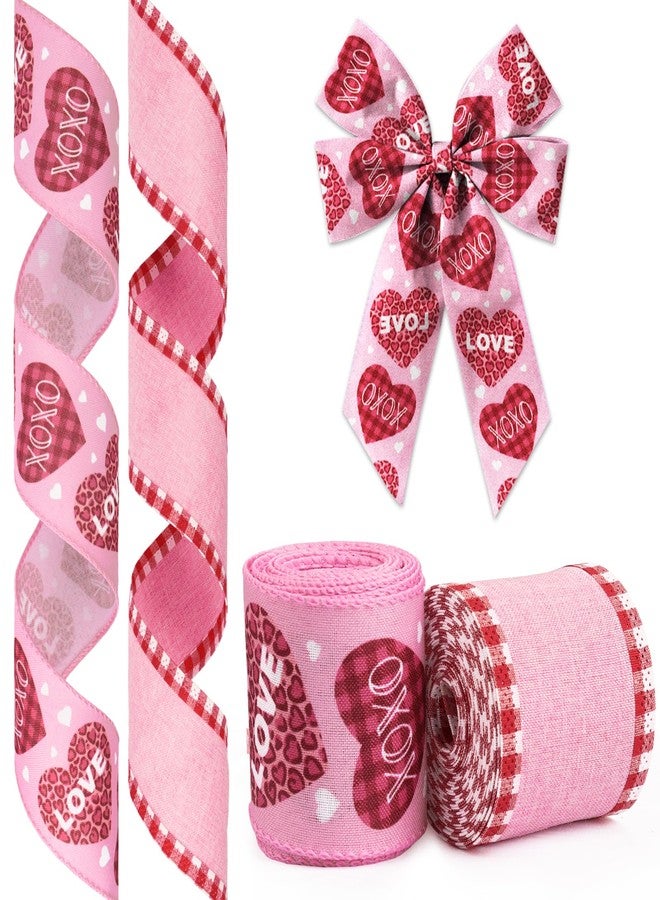 Glodecart 2 Rolls Valentine's Day Ribbon for Wreath Bow Wrapping Gifts, Wired Pink Love Valentine's Day Themed Ribbon for Gift Wrapping Party Supplies Decoration DIY 2.5" X 10 Yard Love Wreath Ribbon - Image 1