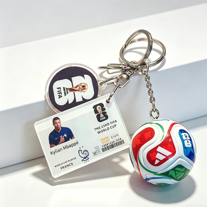 Football keychains featuring Messi, Neymar, Mbappe, and Ronaldo; US, Canada, and Mexico ornaments; 2026 World Cup small gifts.