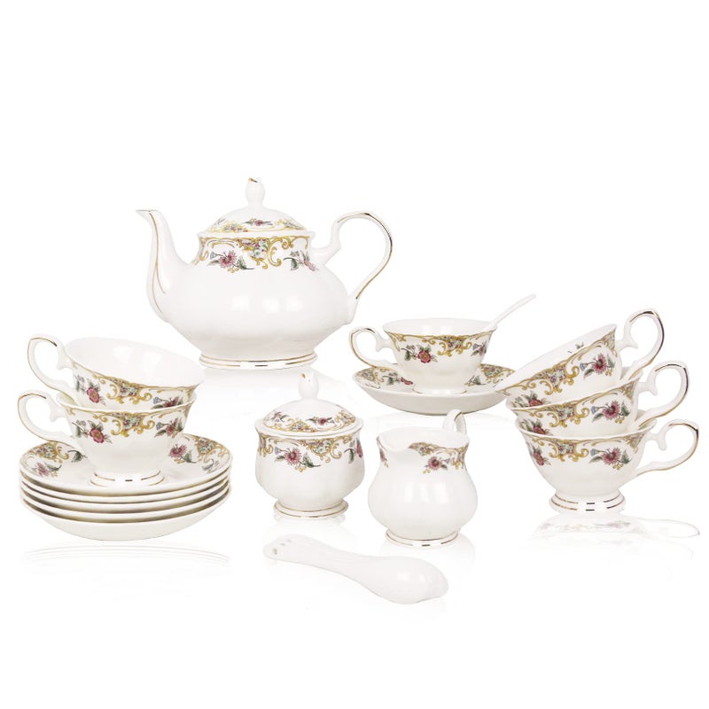 ACMLIFE Bone China Tea Set for Adults White And Floral Fine China Tea Set 21Piece English Tea Cups Set of 6 for Women Porcelain Tea Set with Teapot Sugar BowlCreamer Pitcher Tea Party Sets