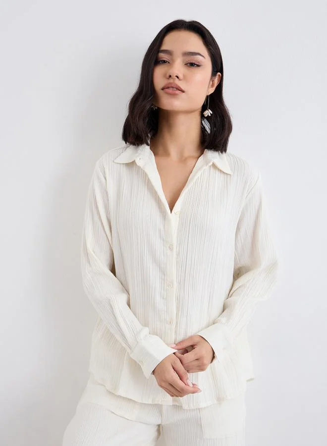 Styli Styli Women Off White Textured Oversized Shirt