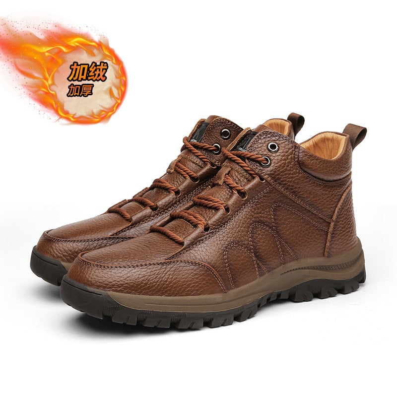 Men'S Leather Boots First Layer Cowhide Warm Boots Men'S Shoes Outdoor Shoes High-Top Outdoor Snow Boots - Image 1