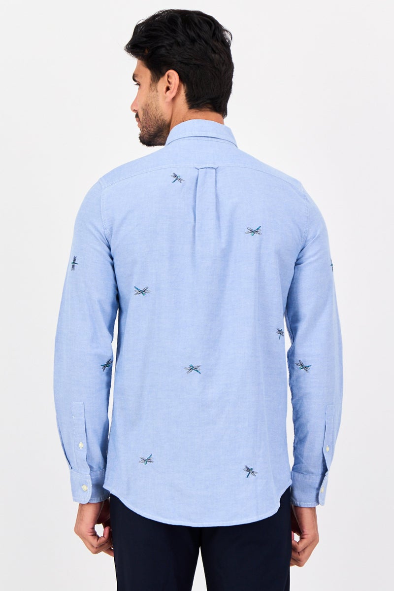 Chaps Men Regular Fit Embroideed Long Sleeve Casual Shirt, Blue - Image 3