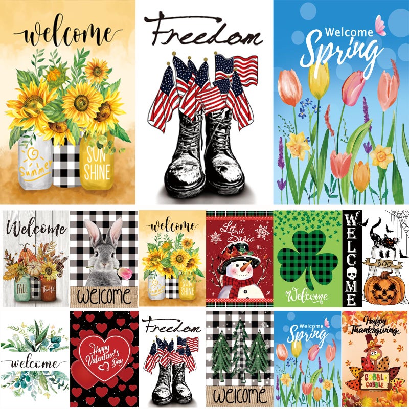 CDLong Seasonal Garden Flags Set of 12 Double Sided 12 x 18 Inch Yard Flags, Small Garden Flags for Outside, Fall Winter Halloween Christmas Outdoor Flags, Holiday Flags for All Seasons - Image 1