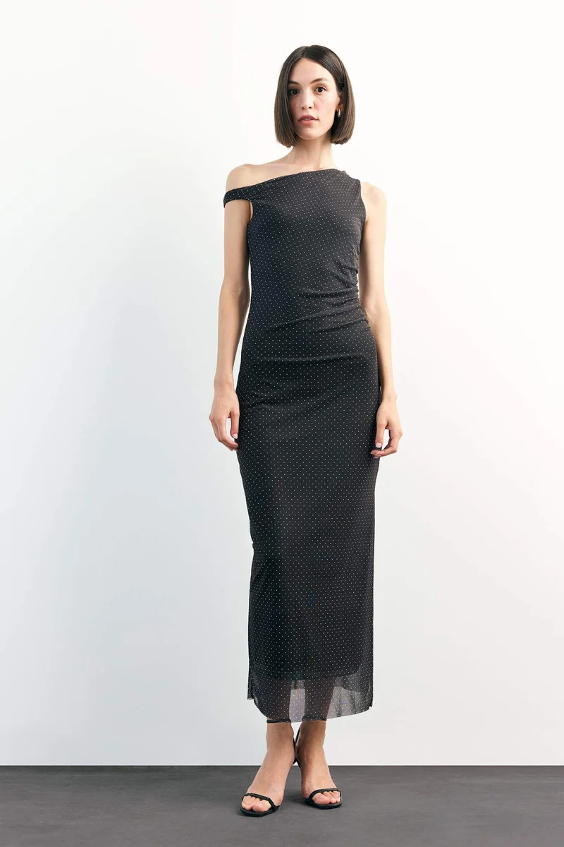 Defacto Polka Dot Tulle One Shoulder Maxi Dress