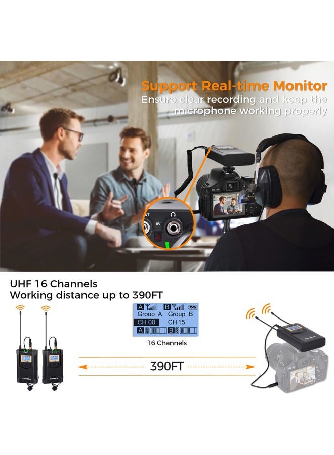 Comica CVM-WM100 Plus UHF 48-Channel Wireless Dual Lavalier Microphone System for Canon Nikon Sony Panasonic DSLR Camera XLR Camcorder & Smartphone (2TX+1RX) - Image 2