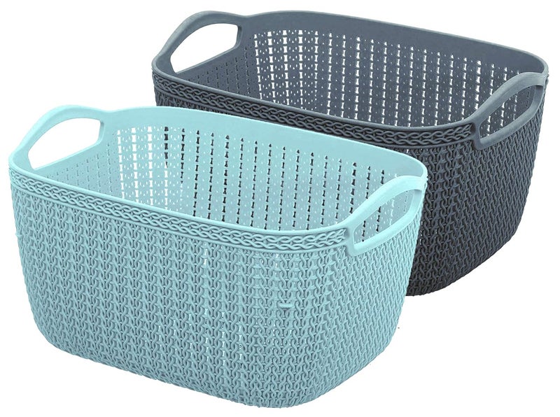 Kuber Industries Q-6 Unbreakable Plastic 2 Pieces Multipurpose Large Size Flexible Storage Baskets/Fruit Vegetable Bathroom Stationary Home Basket with Handles (Light Blue & Grey) - Image 1