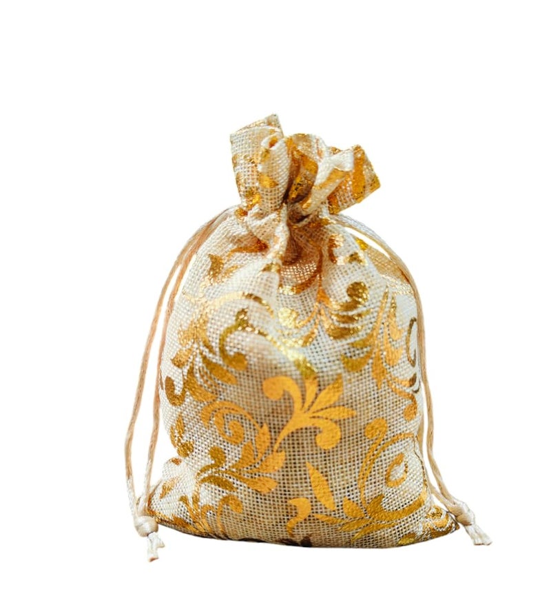 Just Flowers Printed Jute Pouches, Jute Pouches for Gifting, Jute Potli for Diwali Gifts, Return Gifts or Jewellery Storage (Golden Printed Jute Bags, 13cm x 17cm, Pack of 15) - Image 1