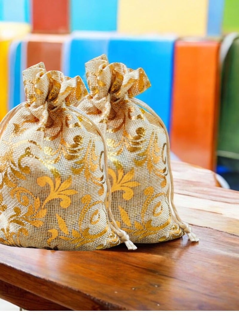 Just Flowers Printed Jute Pouches, Jute Pouches for Gifting, Jute Potli for Diwali Gifts, Return Gifts or Jewellery Storage (Golden Printed Jute Bags, 13cm x 17cm, Pack of 15) - Image 5