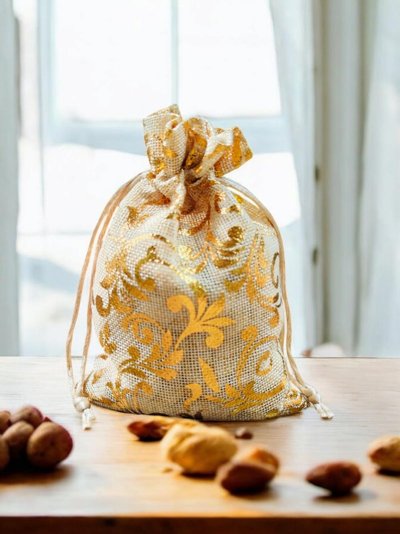 Just Flowers Printed Jute Pouches, Jute Pouches for Gifting, Jute Potli for Diwali Gifts, Return Gifts or Jewellery Storage (Golden Printed Jute Bags, 13cm x 17cm, Pack of 15) - Image 3
